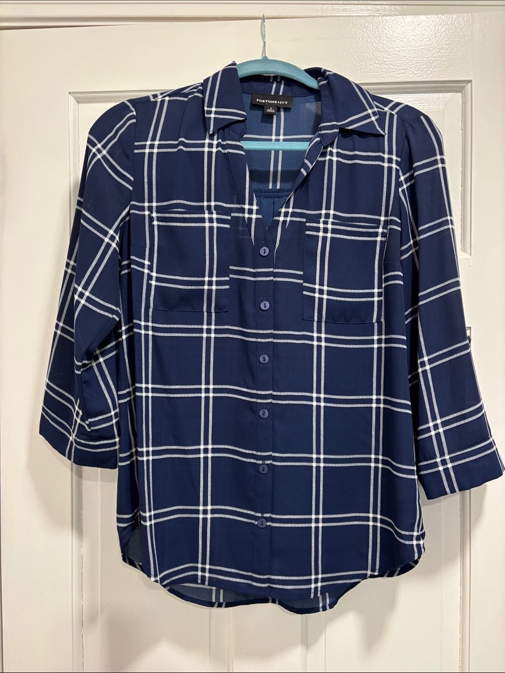 Worthington Navy Plaid Button-Front Blouse